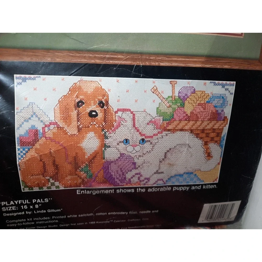 Vintage Bucilla Stamped Cross Stitch Kit Playful Pals 40488 16x8 Puppy Kitten